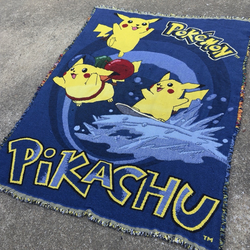 Vintage 90s Nintendo Pokemon Pikachu Throw Blanket Tapestry Woven Blue OS